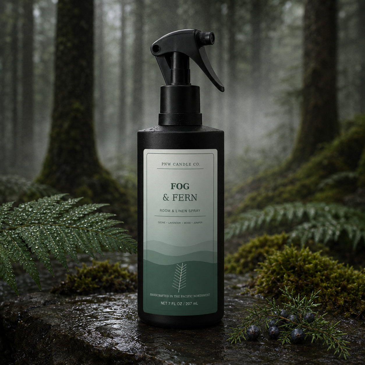Fog & Fern Room & Linen Spray in a matte black bottle among rain-wet ferns, moss, juniper, and a misty Pacific Northwest forest.
