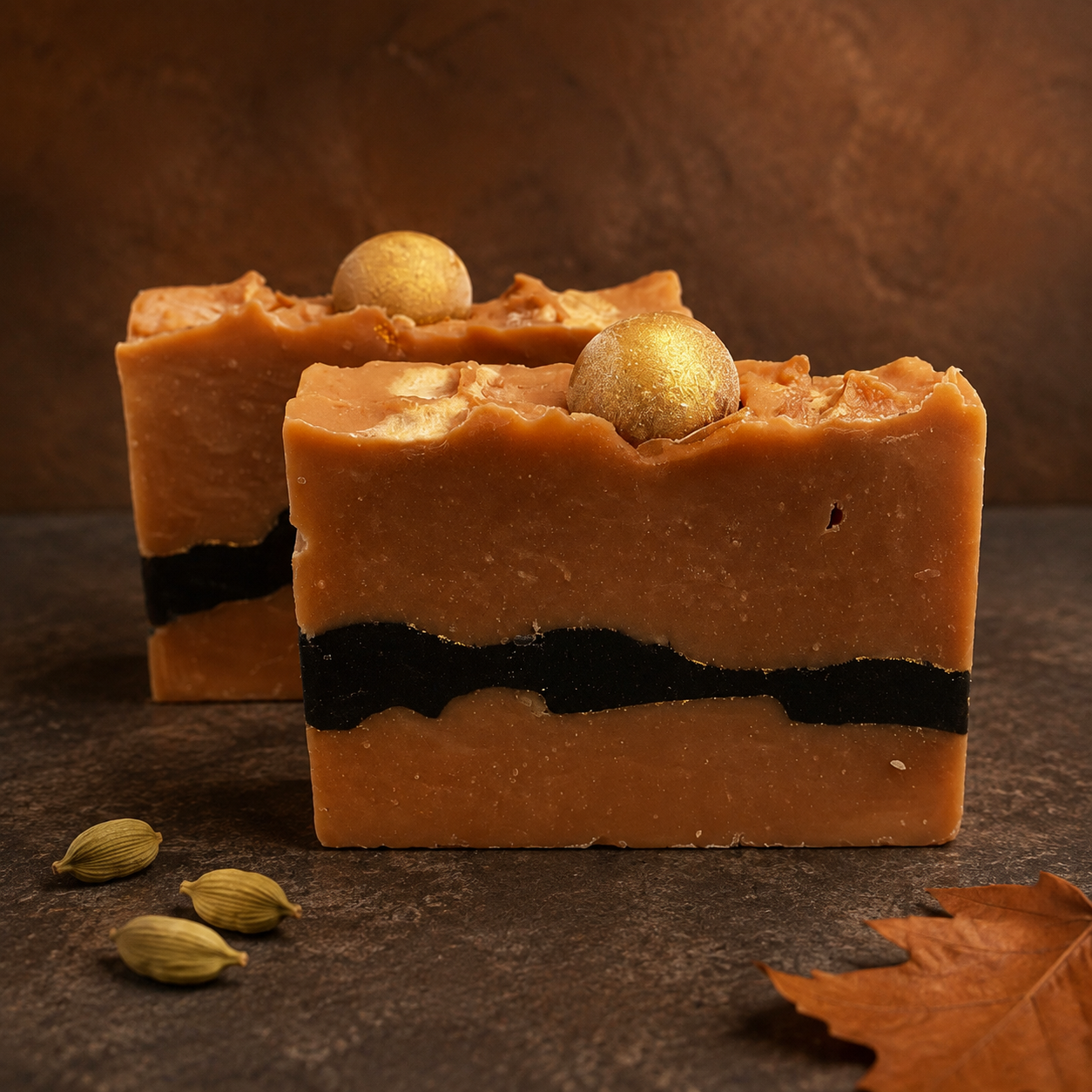 Great Pumpkin handcrafted cold process soap with pumpkin-orange layers, a black charcoal stripe, and a shimmering gold top