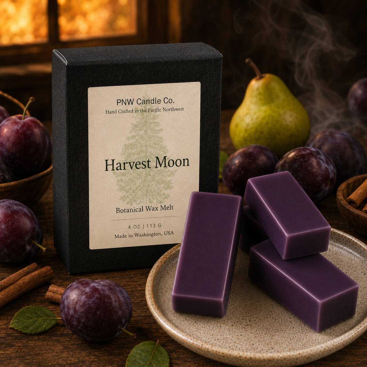 Harvest Moon 4 oz Signature Melt Box with four smooth deep purple wax melts, plum, pear and cinnamon