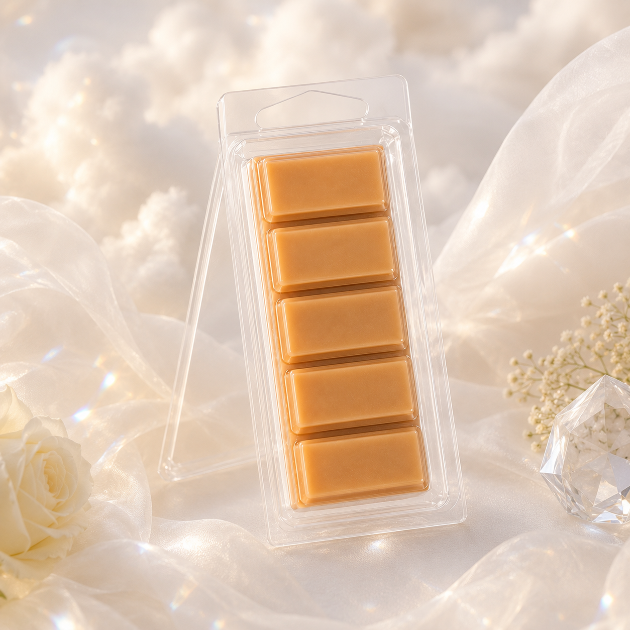 Heaven Above five-section Snapbar wax melt in a clear hinged container with airy luminous styling