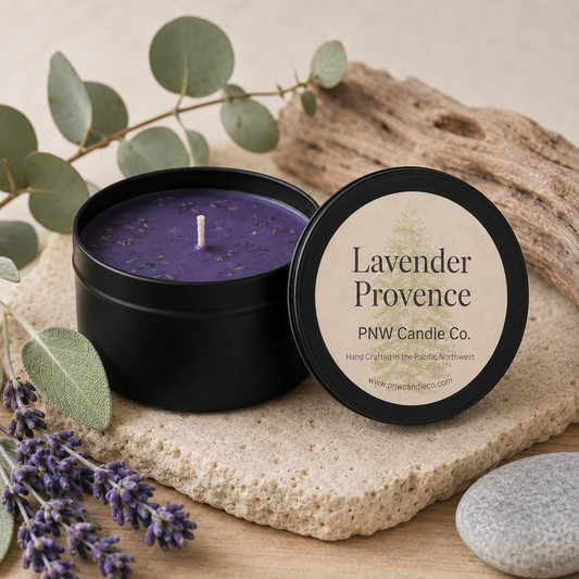 Lavender Provence scented candle by PNW Candle Co. with purple wax, lavender, eucalyptus, sage, driftwood, and coastal stone.