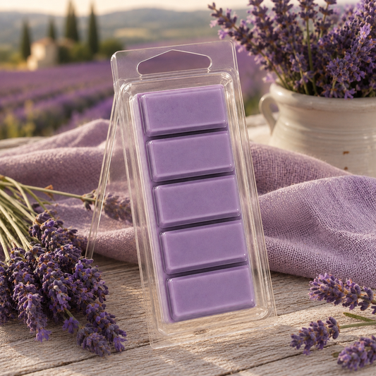 Lavender Provence five-section Snapbar wax melt in a clear hinged container with lavender countryside styling