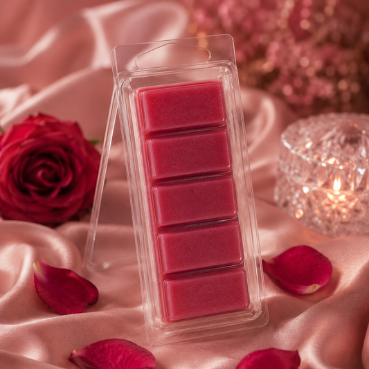 LoveSong five-section Snapbar wax melt in a clear hinged container with romantic rose and satin styling
