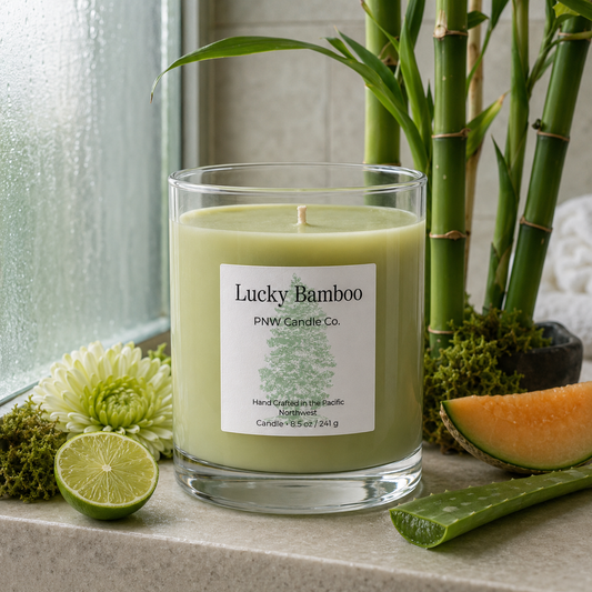 Lucky Bamboo scented candle by PNW Candle Co with pale-green wax, bamboo, aloe, lime, and cantaloupe.