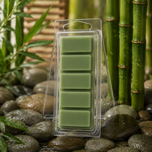 Lucky Bamboo five-section Snapbar wax melt in a clear hinged container with serene bamboo spa styling