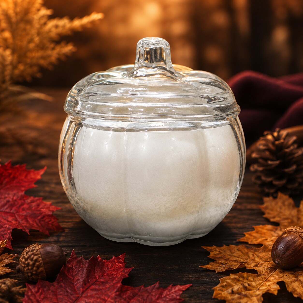 Maple Leaf & Acorn 15 oz dual-wick candle in a clear glass pumpkin vessel styled with autumn maple leaves, acorns, plum, and woods.