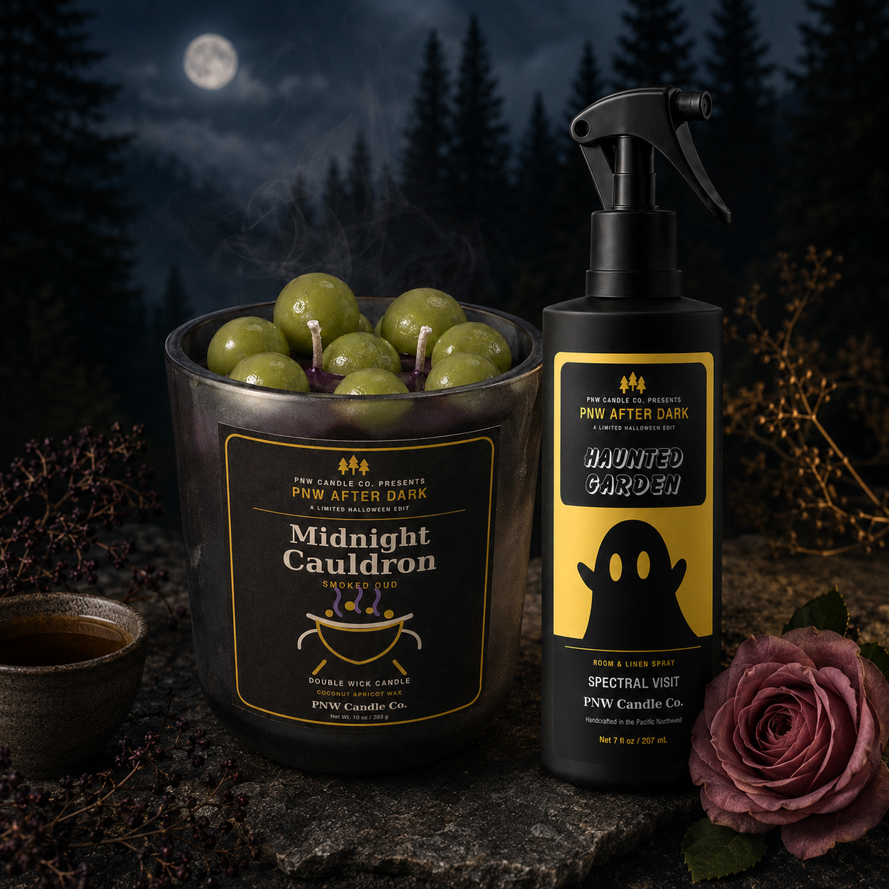 Midnight Ritual Duo with Midnight Cauldron candle and Spectral Visit room and linen spray in a moonlit Pacific Northwest setting