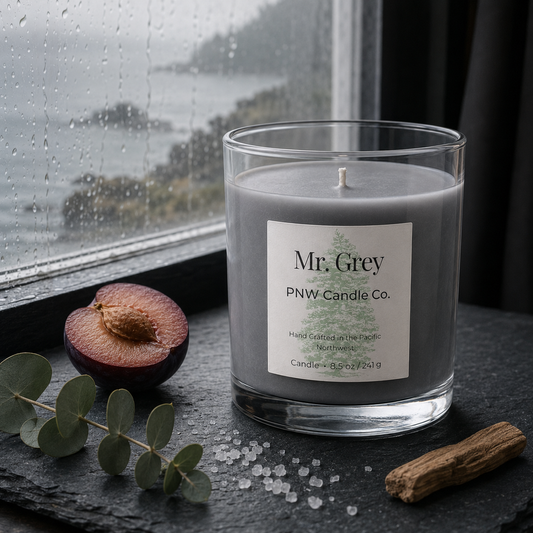 Mr. Grey scented candle by PNW Candle Co with cool-grey wax beside plum, eucalyptus, and sea salt at a rainy coast.