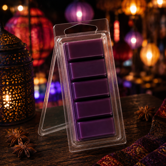 Night Market five-section Snapbar wax melt in a clear hinged container with colorful lantern styling