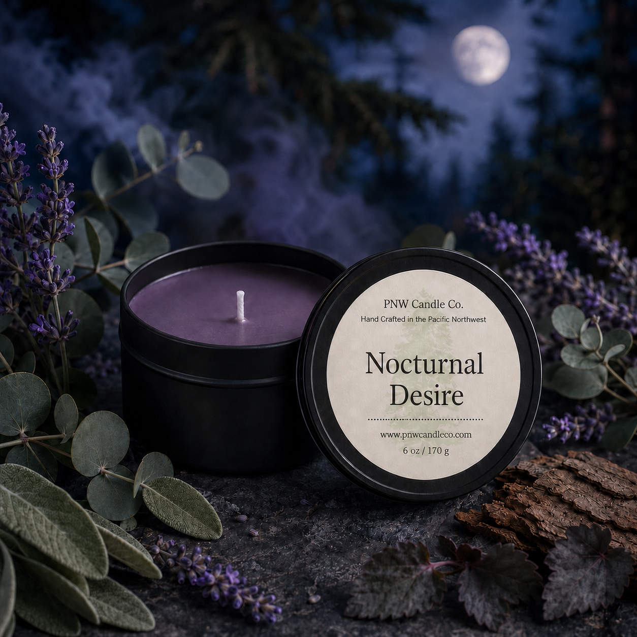 Nocturnal Desire 6 oz smoky purple wax candle tin by PNW Candle Co. with lavender, eucalyptus, sage, cedar, moonlight, and botanical smoke