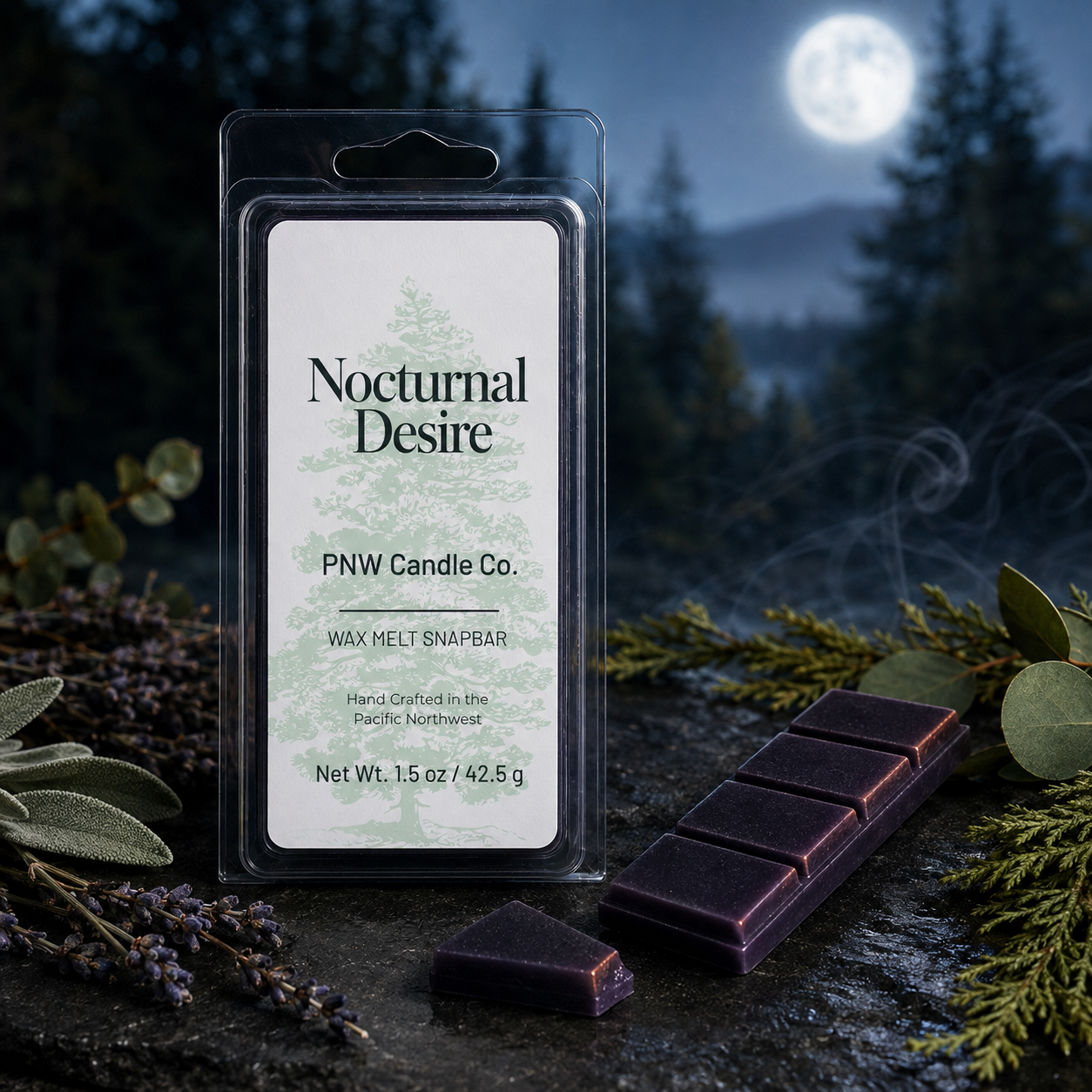 Nocturnal Desire 1.5 oz dark purple wax melt snapbar by PNW Candle Co. with lavender, sage, eucalyptus, cedar, and smoky moonlit forest styling