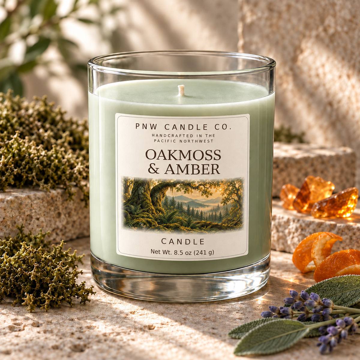 Oakmoss & Amber 8.5 oz candle with forest label on warm stone