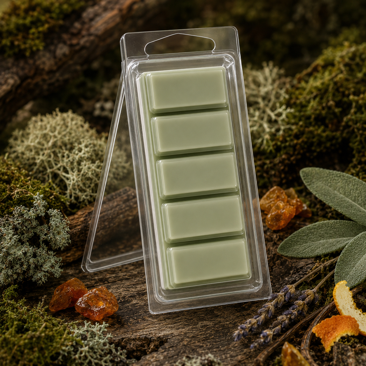 Pale moss-green Oakmoss and Amber 1.5 oz five-piece Snapbar in a woodland setting