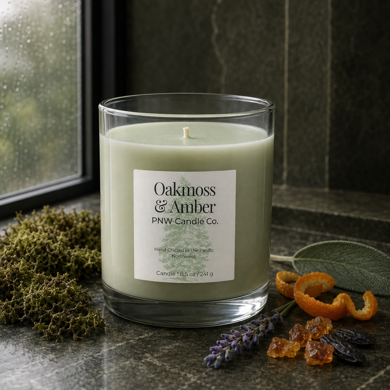 Oakmoss & Amber scented candle by PNW Candle Co with pale-celadon wax, moss, citrus peel, lavender, amber, and tonka.