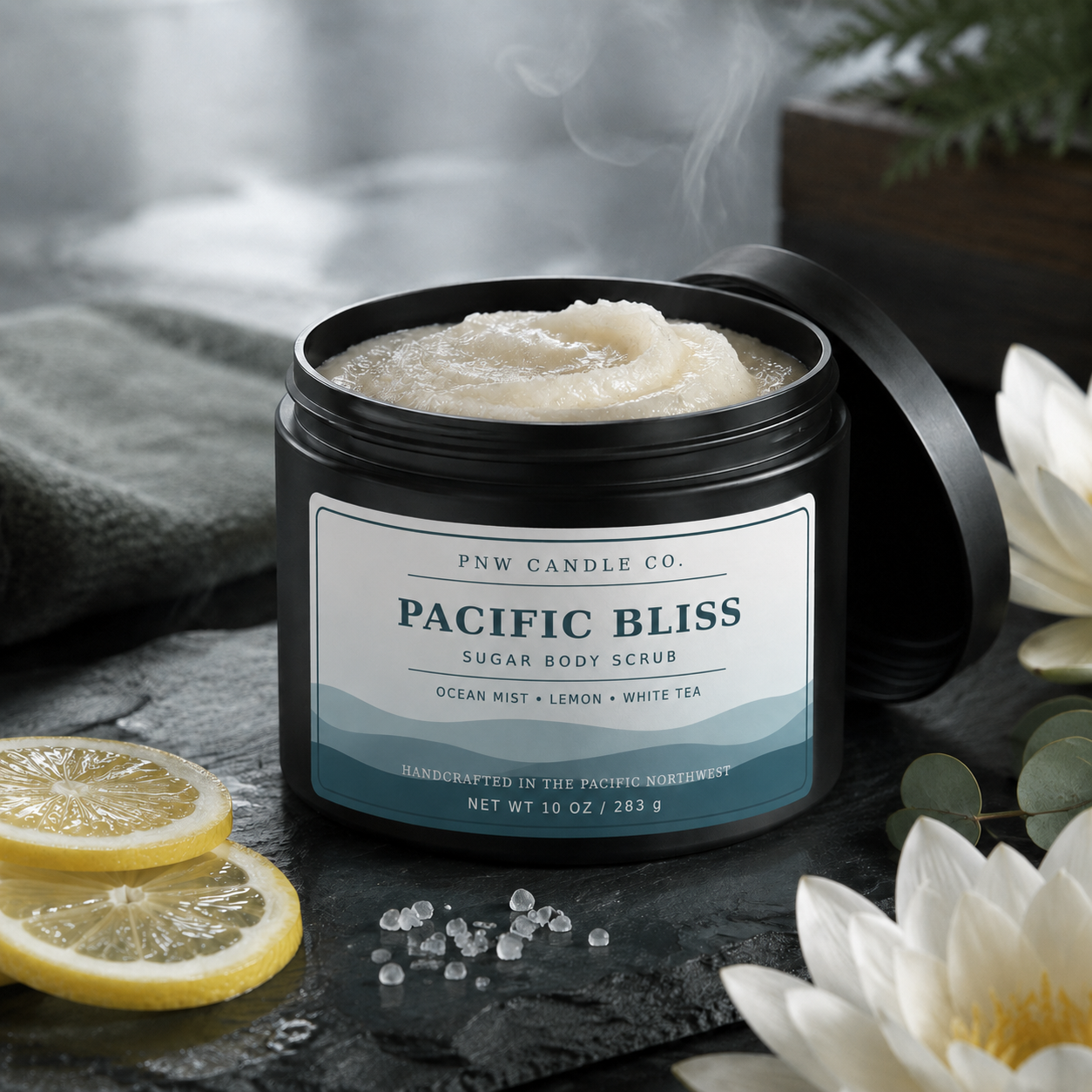 Pacific Bliss 10 oz sugar scrub in a matte-black jar with lemon, sea salt, white flowers, and coastal botanicals.