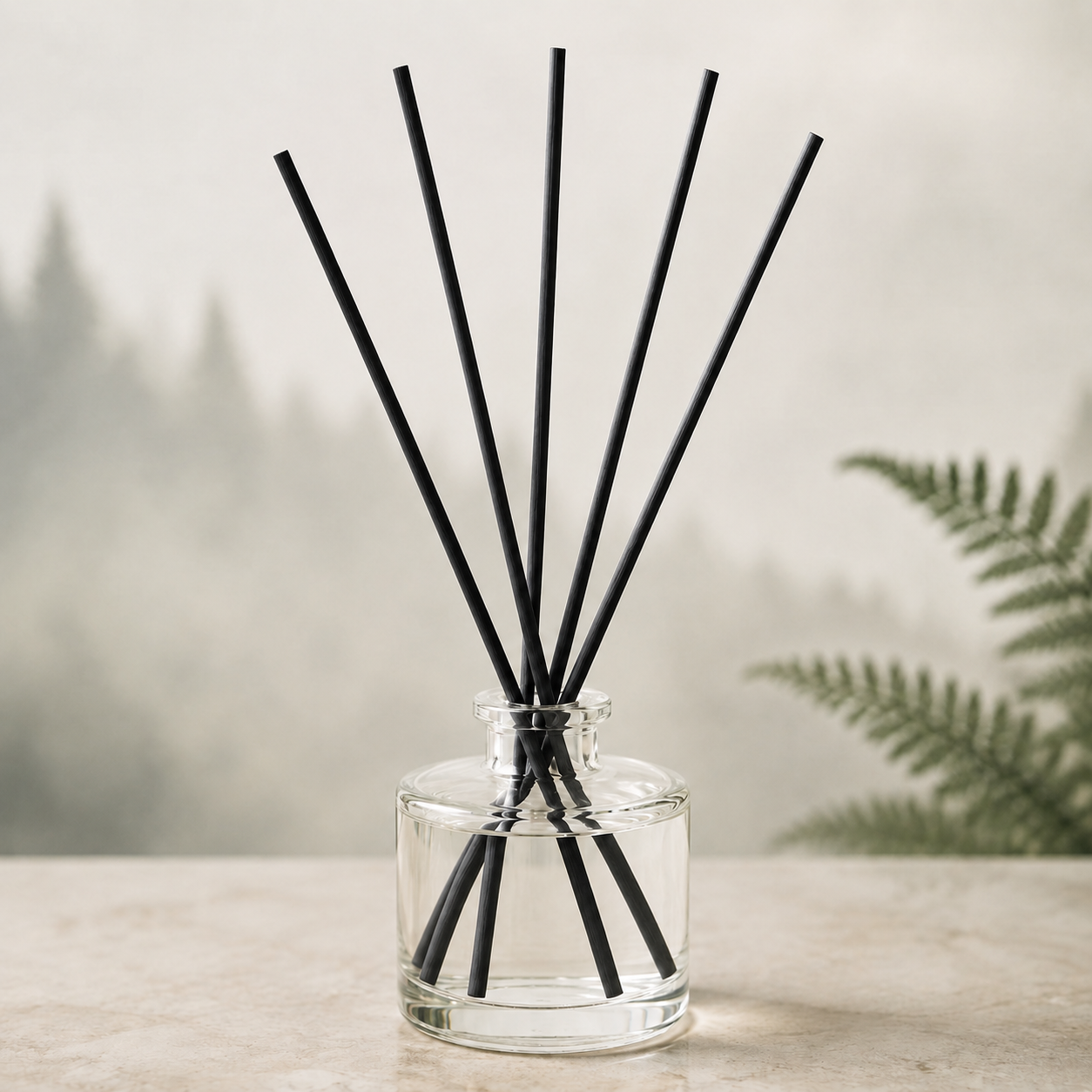 Clear round reed diffuser vessel with black rattan reeds and flame-free home fragrance