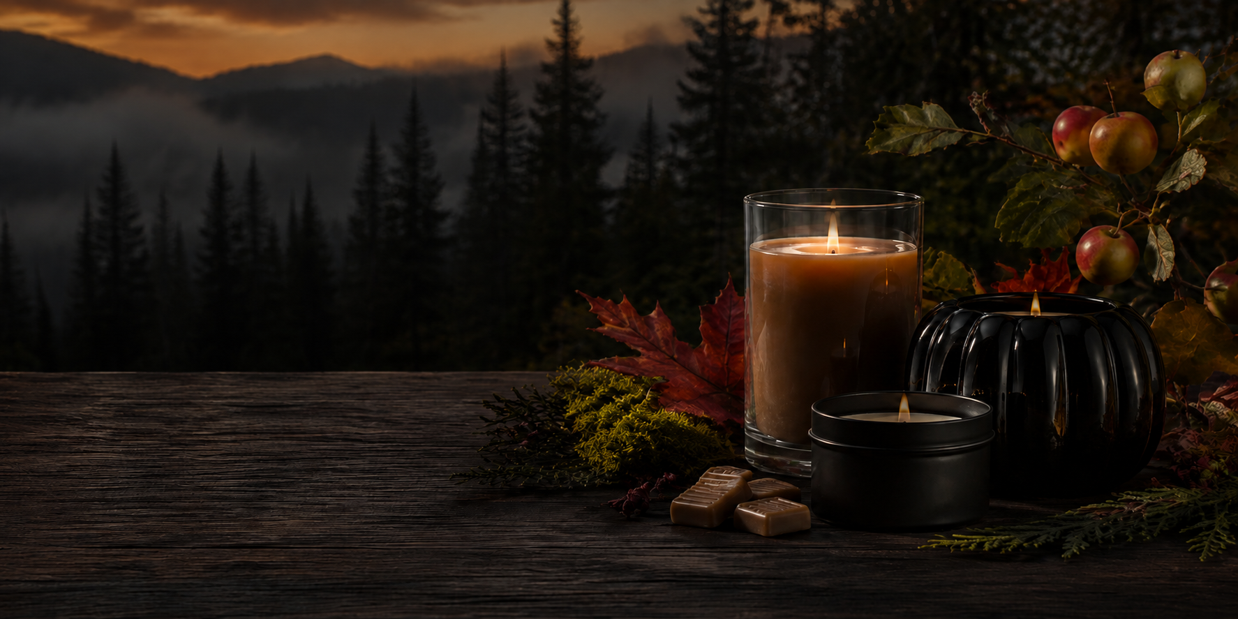 PNW Candle Co fall home fragrance collection styled in a misty Pacific Northwest forest