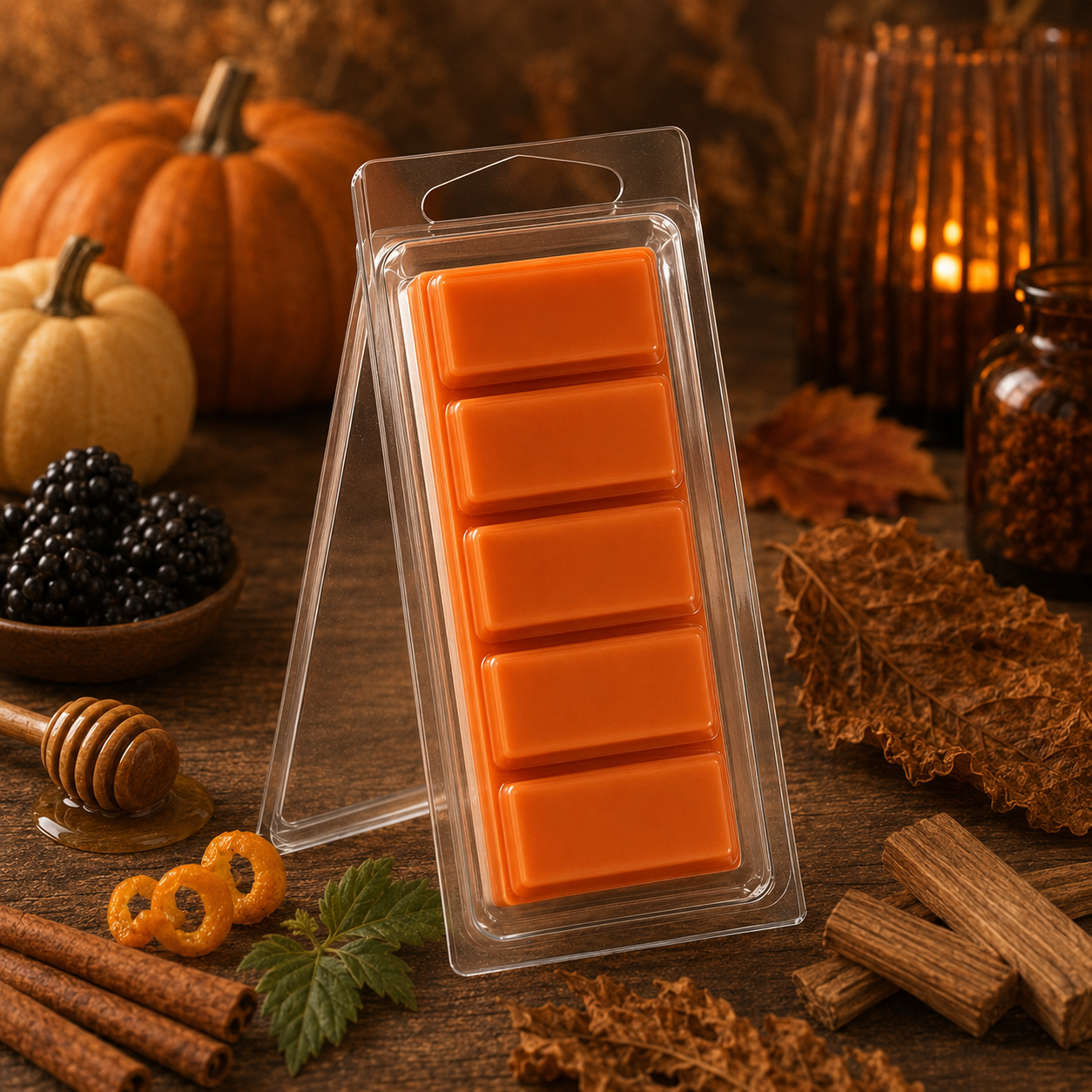 Orange Pumpkin Sandalwood 1.5 oz five-piece Snapbar in the standard clear hinged container