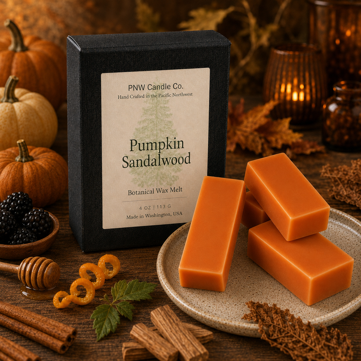 Pumpkin Sandalwood 4 oz Signature Melt Box with four smooth orange wax melts