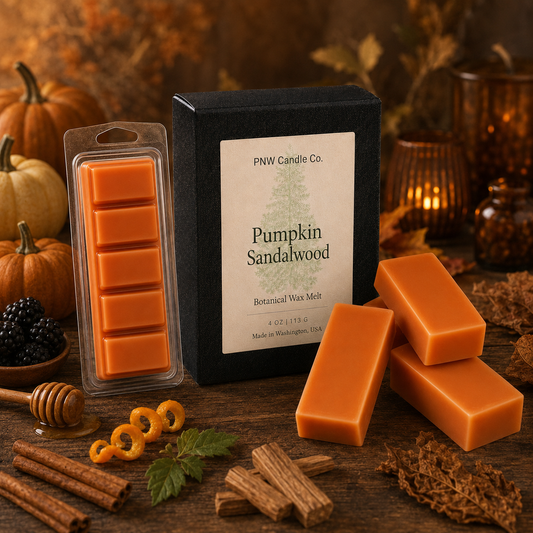 Orange Pumpkin Sandalwood five-piece Snapbar and Signature Melt Box in a refined autumn scene