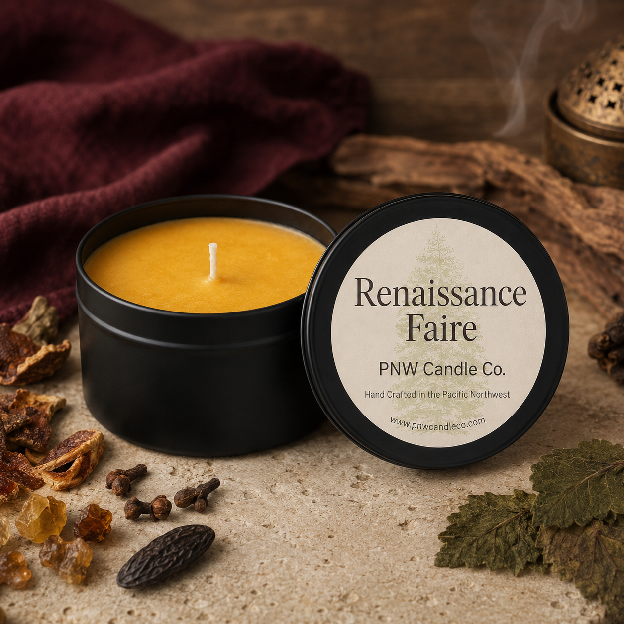 Renaissance Faire scented candle by PNW Candle Co. with golden wax, orange peel, cedar, clove, incense resin, patchouli, and tonka bean.