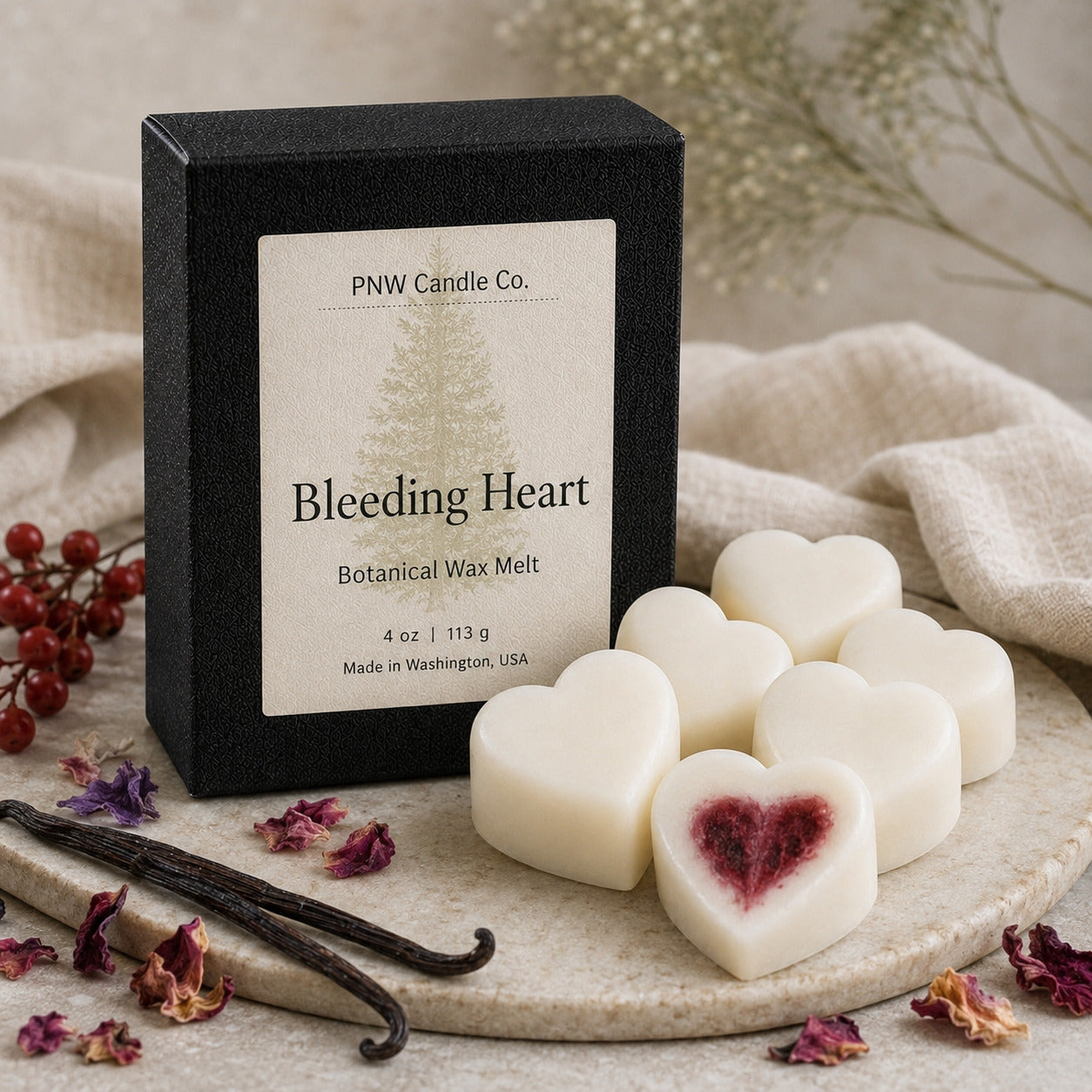 Bleeding Heart 4 oz Signature Melt Box with ivory heart wax melts and crimson center