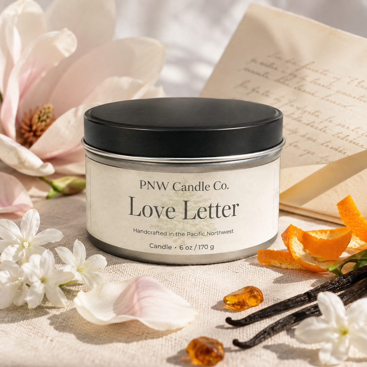 Love Letter 6 oz coconut-apricot wax candle tin with updated botanical label