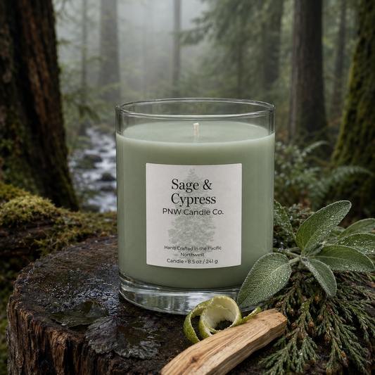 Sage & Cypress scented candle by PNW Candle Co with sage-green wax, cypress, spruce, bergamot, and sage in a misty forest.