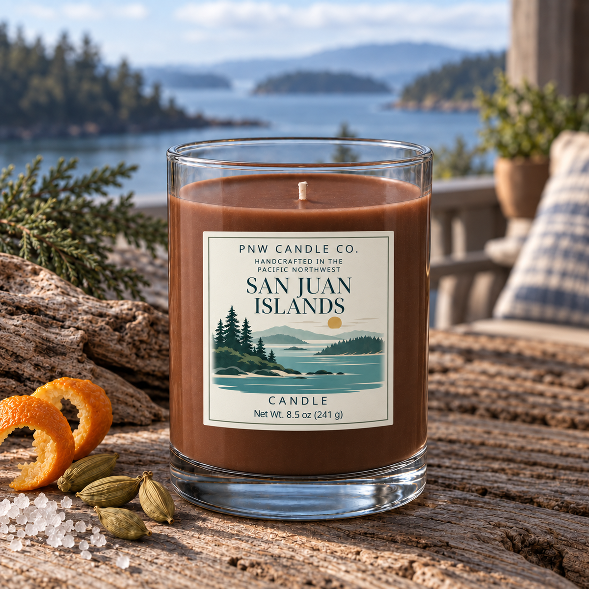 San Juan Islands 8.5 oz clear glass candle with brown wax and illustrated coastal label by PNW Candle Co.