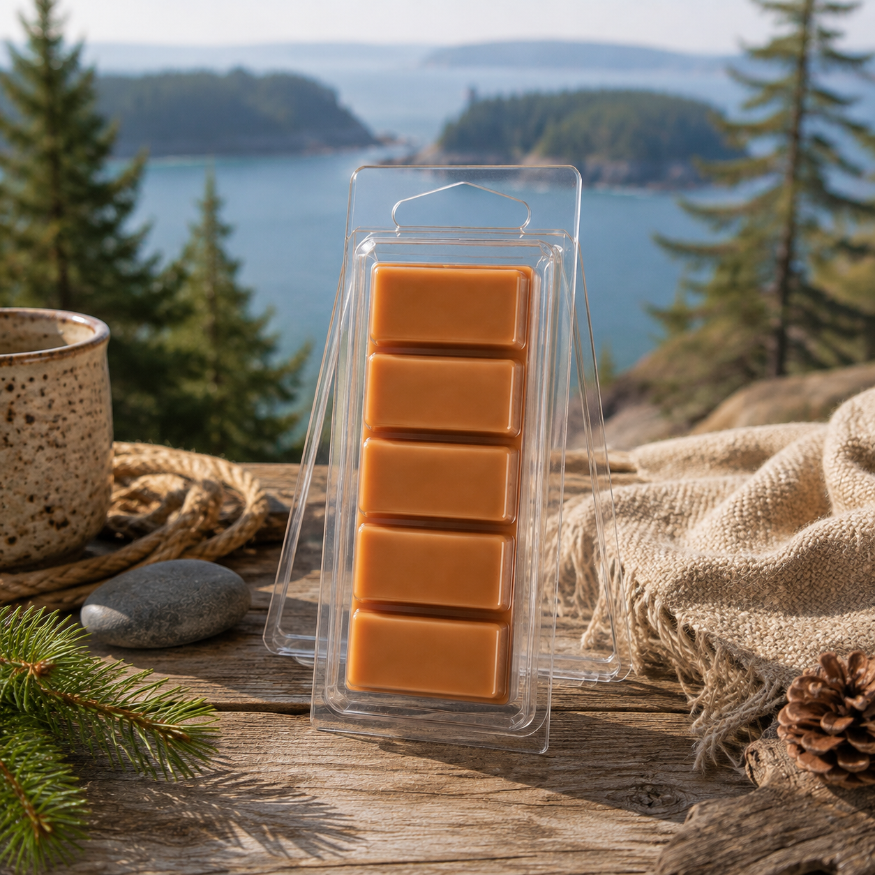 San Juan Islands five-section Snapbar wax melt in a clear hinged container overlooking evergreen islands