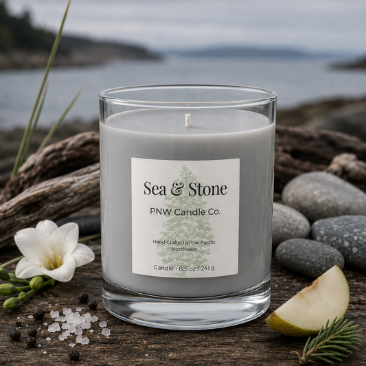 Sea & Stone scented candle by PNW Candle Co with light grey wax in a Pacific Northwest coastal scene.