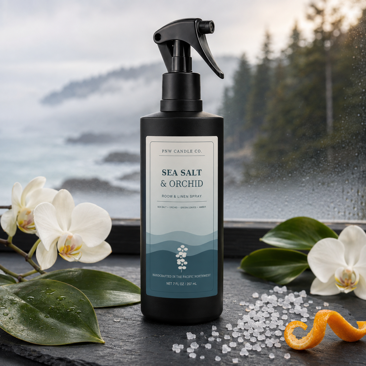 Sea Salt & Orchid Room & Linen Spray in a matte black bottle with white orchids, green leaves, sea salt, and a misty Pacific Northwest coast.