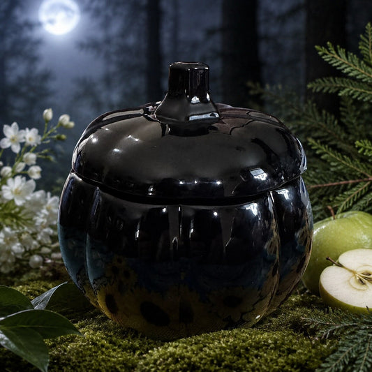Selenite Glow 15 oz dual-wick candle in a glossy black pumpkin vessel styled with green apple, white flowers, moss, and cedar.