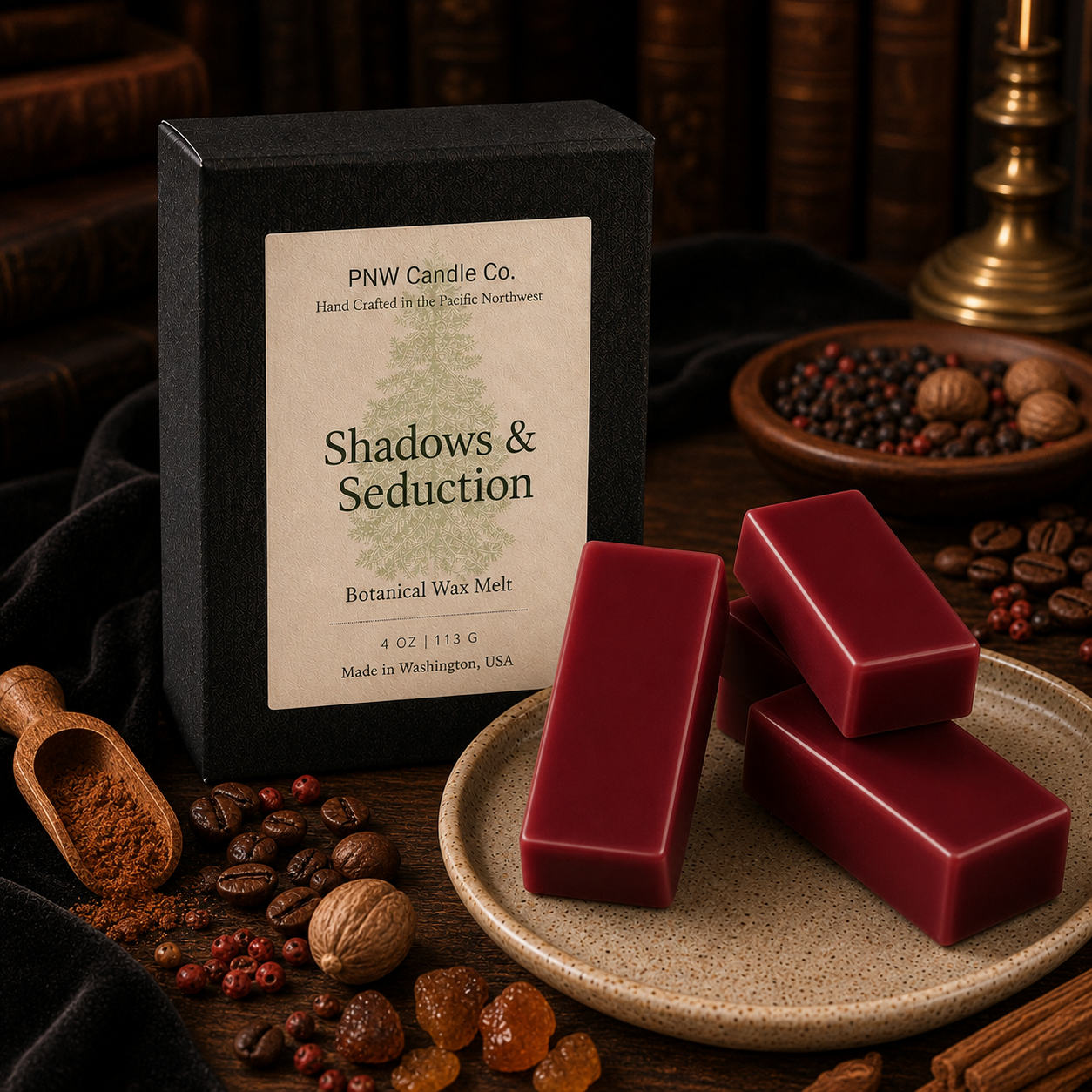 Shadows and Seduction 4 oz Signature Melt Box with four smooth deep burgundy wax melts