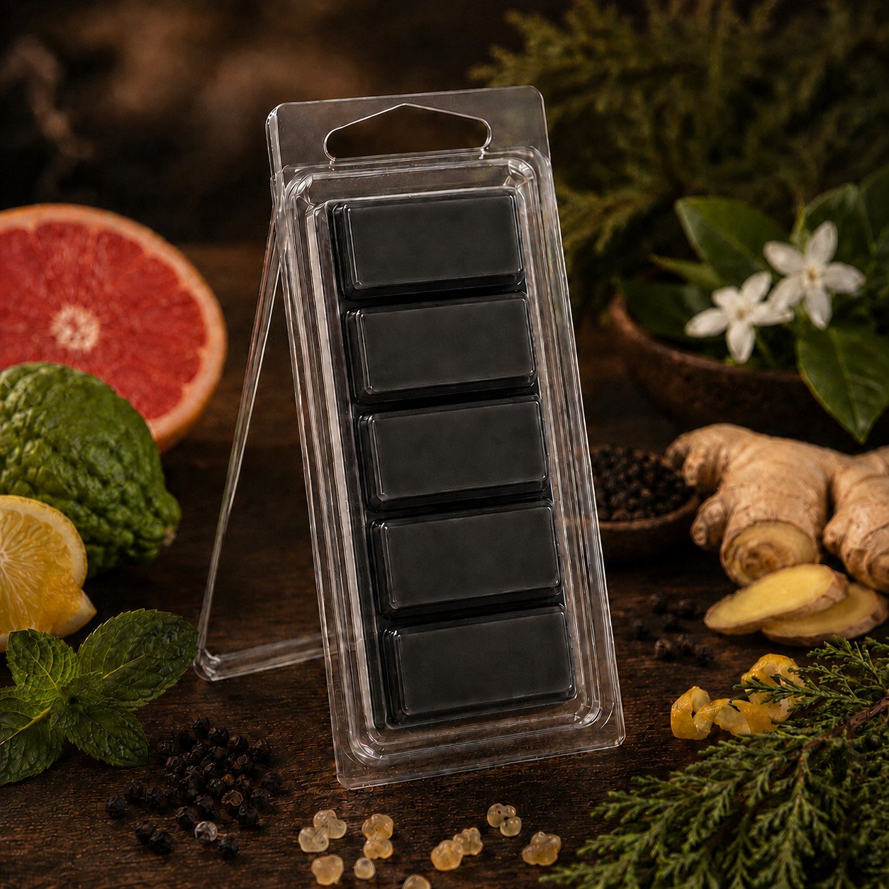 Sir 1.5 oz Snapbar with five charcoal-black wax sections, citrus, peppercorn, ginger, mint, cedar and frankincense