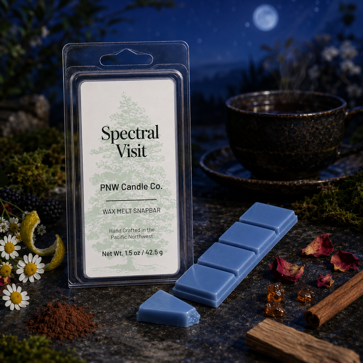 Spectral Visit 1.5 oz twilight-blue wax melt snapbar by PNW Candle Co. with chamomile tea, bergamot, cocoa, cinnamon, rose, amber, moss, and sandalwood