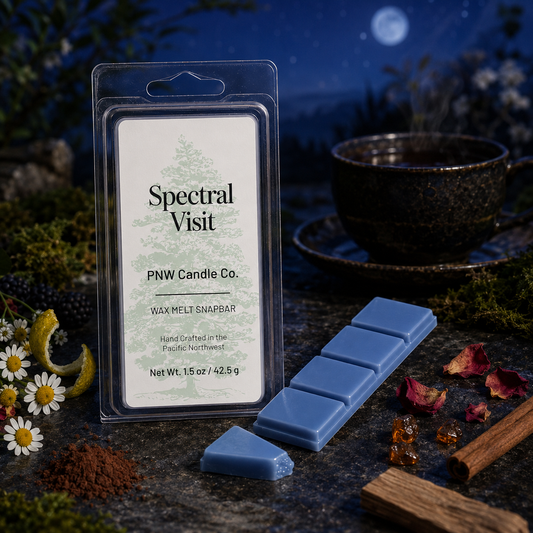 Spectral Visit 1.5 oz twilight-blue wax melt snapbar by PNW Candle Co. with chamomile tea, bergamot, cocoa, cinnamon, rose, amber, moss, and sandalwood