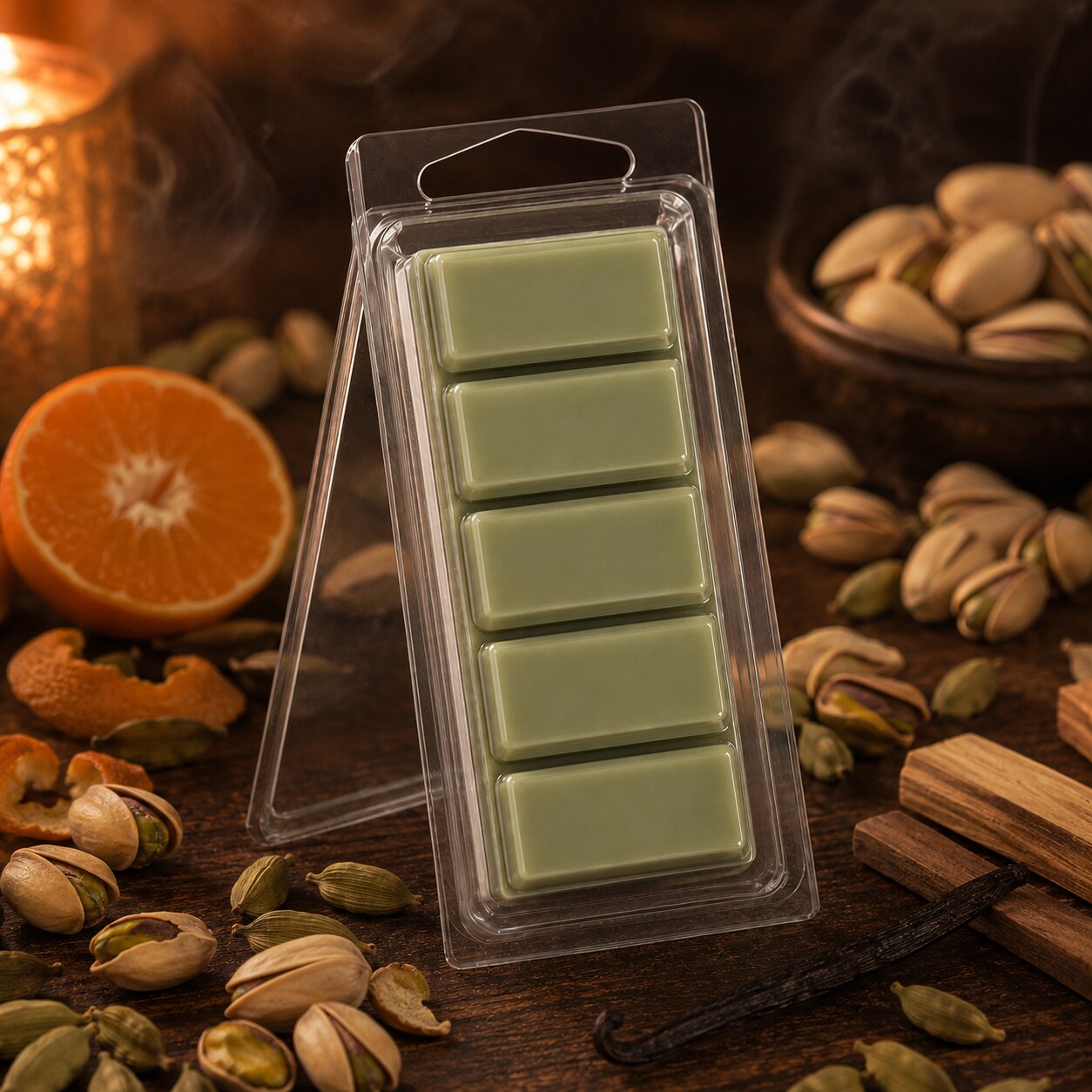 Pistachio green Spiced Pistachio 2 oz five-piece Snapbar with pistachios, mandarin, cardamom, vanilla and sandalwood