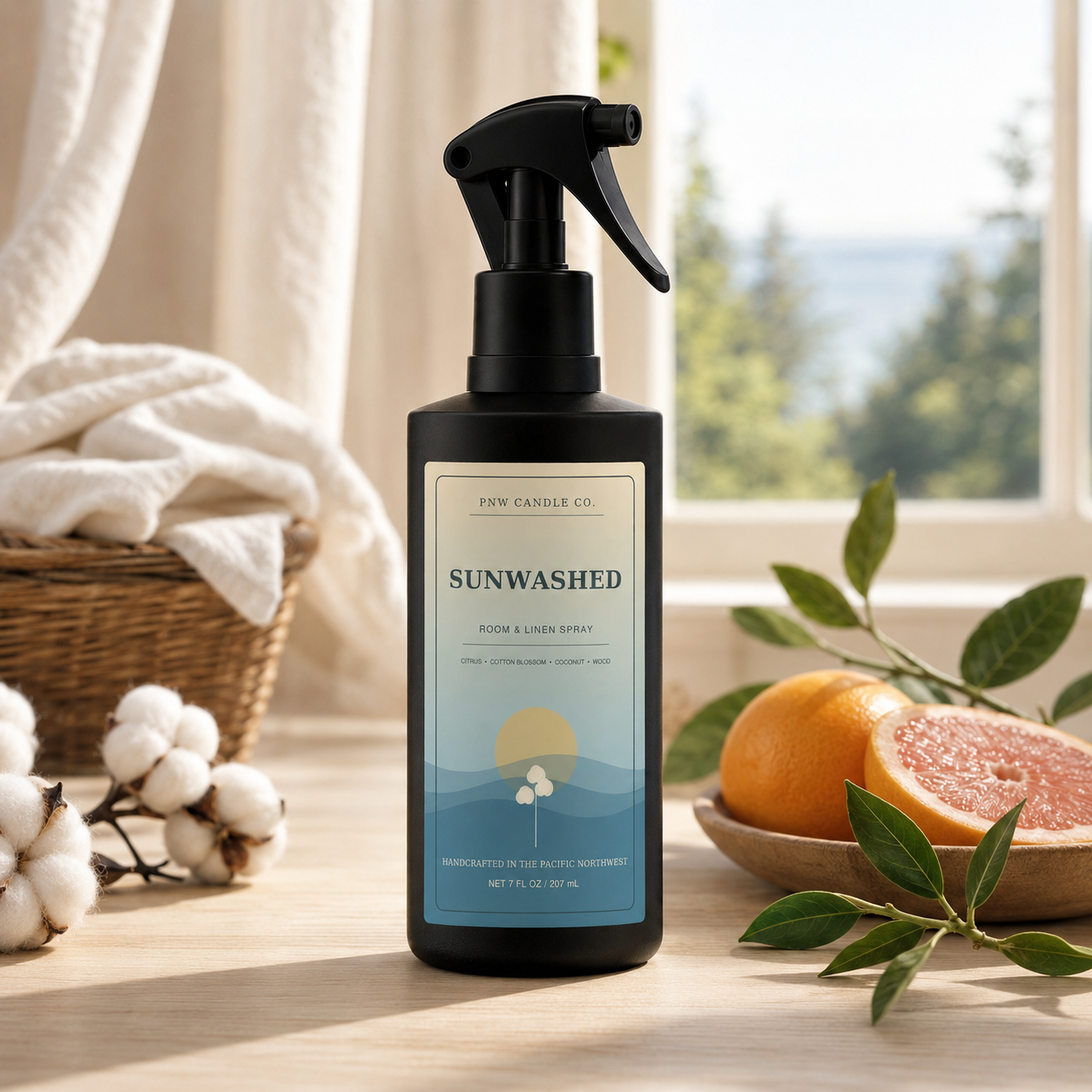 Sunwashed Room & Linen Spray in a matte black bottle with white linens, cotton blossoms, citrus, and warm morning light.