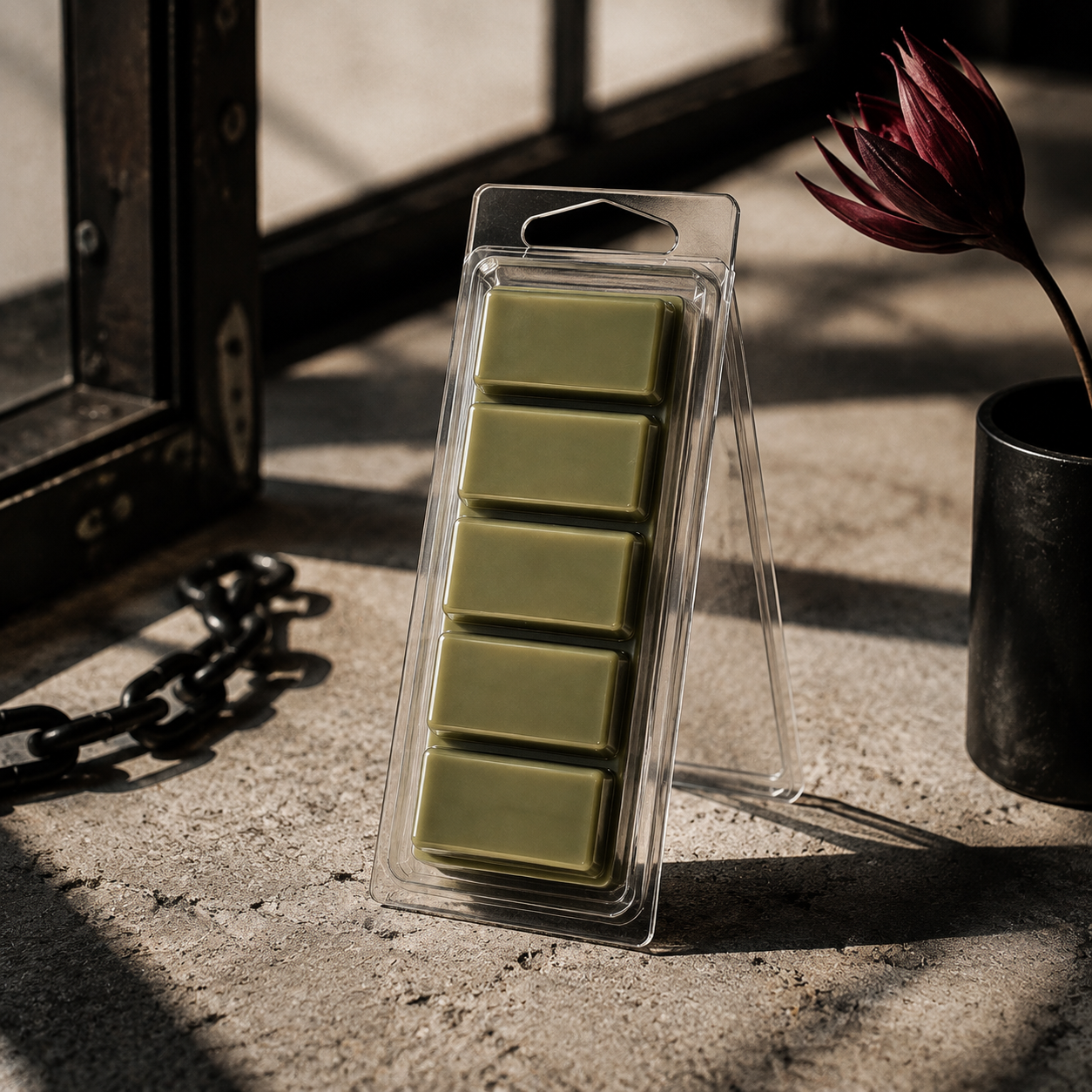 The Bowery five-section Snapbar wax melt in a clear hinged container with moody urban loft styling