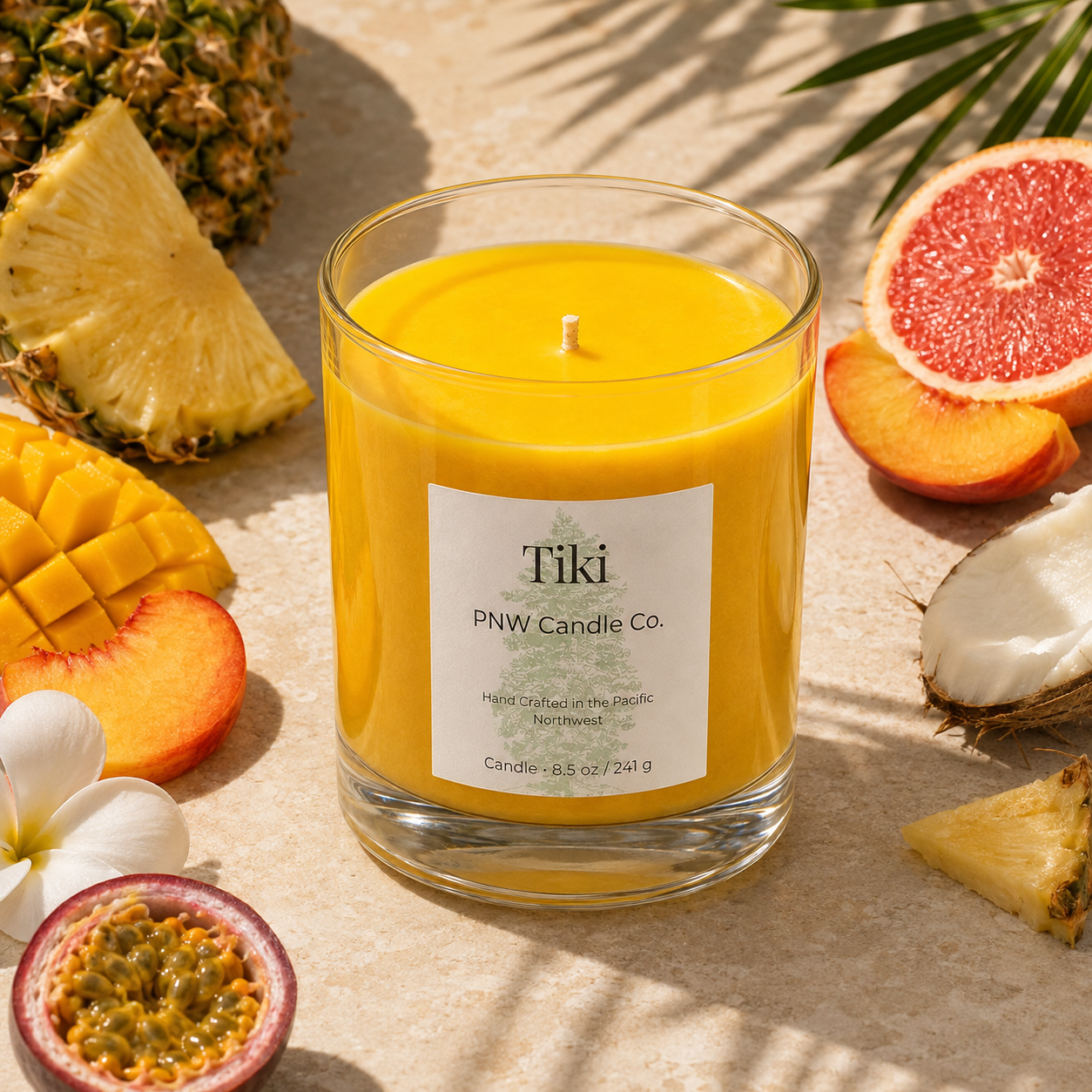 Tiki scented candle by PNW Candle Co with golden-yellow wax and tropical fruit on a sunlit stone patio.