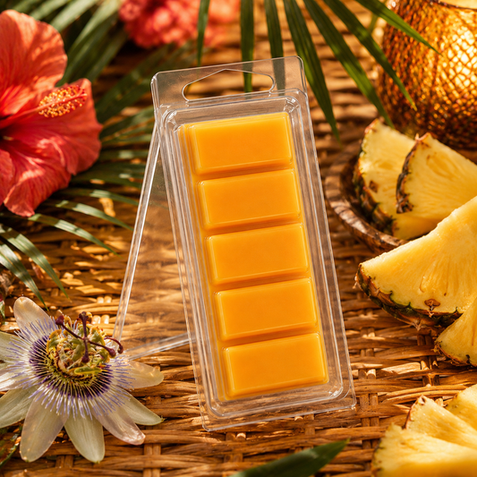 Tiki five-section Snapbar wax melt in a clear hinged container with bright tropical styling