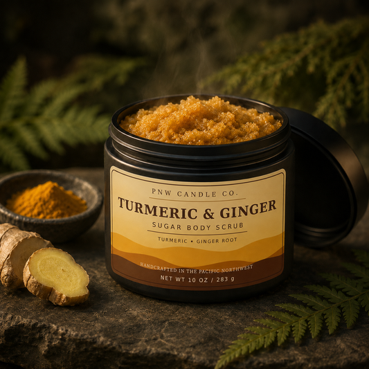 Turmeric & Ginger 10 oz sugar scrub in a matte-black jar with golden turmeric, fresh ginger root, and Pacific Northwest ferns.