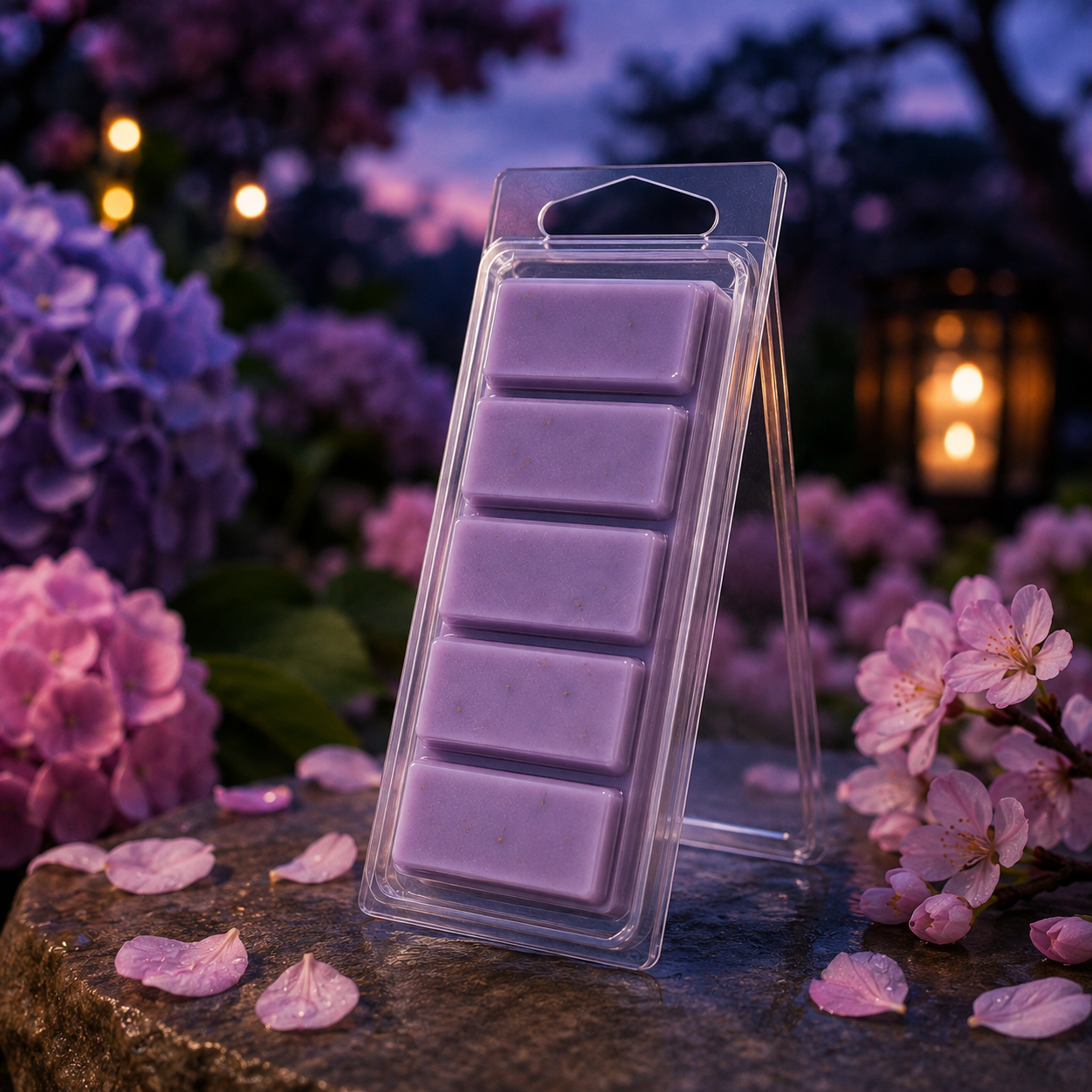 Twilight Garden five-section Snapbar wax melt in a clear hinged container among evening garden flowers