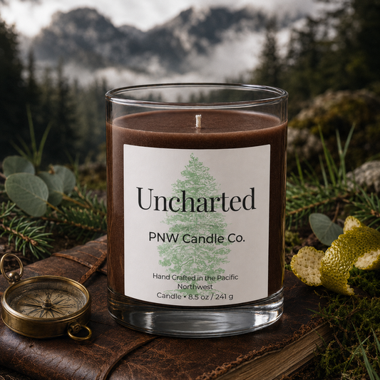 Uncharted 8.5 oz chestnut wax scented candle by PNW Candle Co. with compass, leather, fir, eucalyptus, and misty mountain scenery