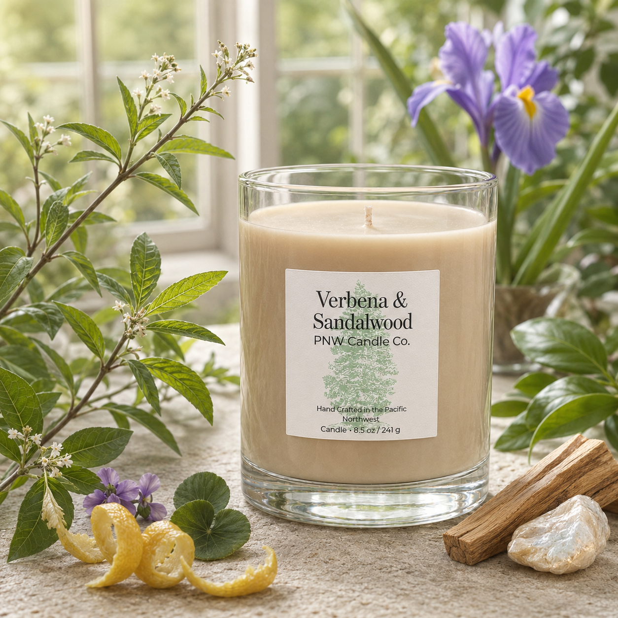 Verbena & Sandalwood scented candle by PNW Candle Co with pale-sand wax, verbena, iris, violet leaves, lemon peel, and sandalwood.