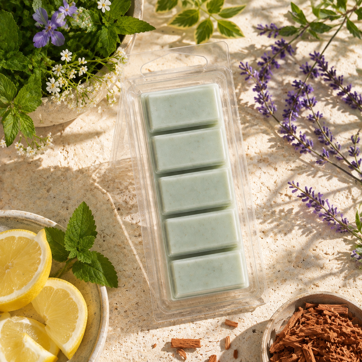 Verbena and Sandalwood five-section Snapbar wax melt in a clear hinged container with sunlit botanical styling