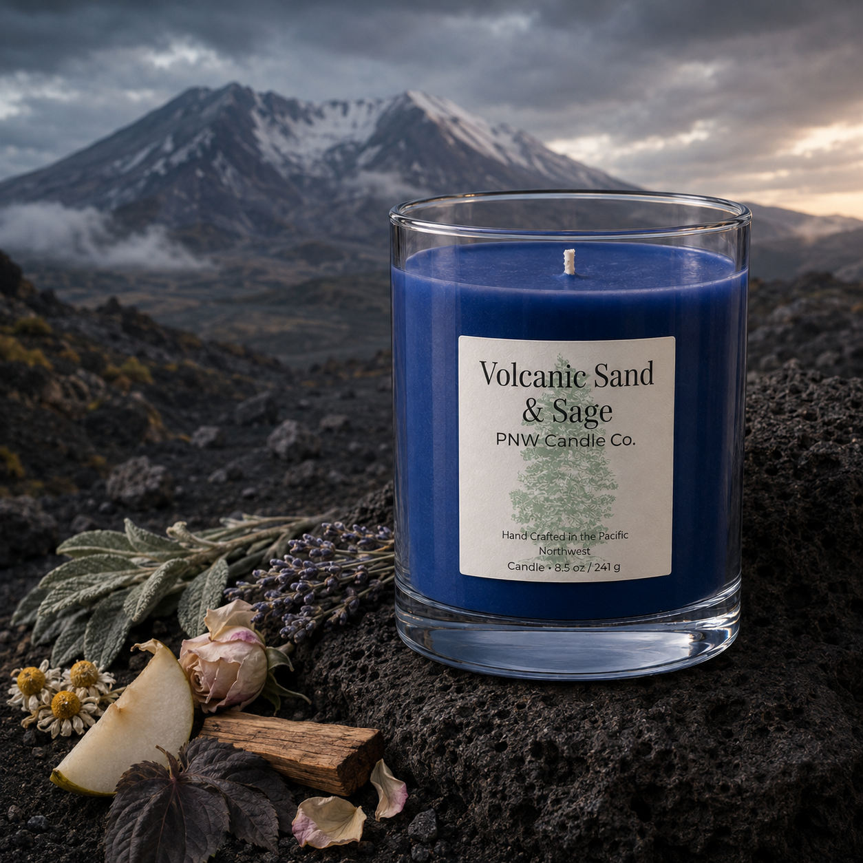 Volcanic Sand & Sage scented candle by PNW Candle Co with deep-blue wax, sage, pear, chamomile, and lavender on volcanic stone.