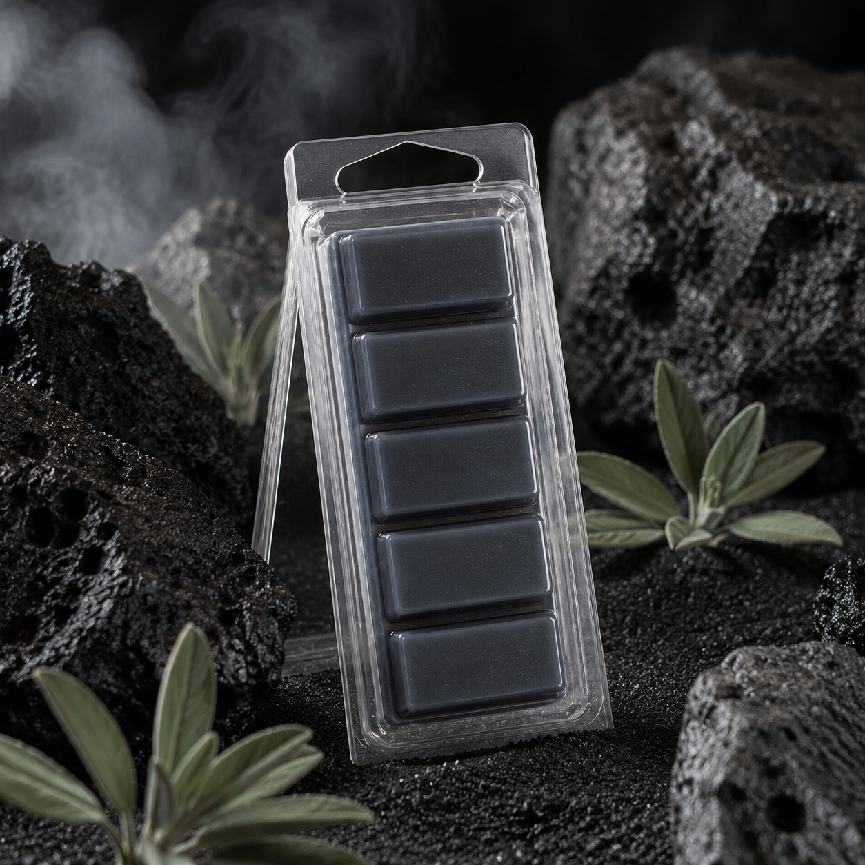 Volcanic Sand and Sage five-section Snapbar wax melt in a clear hinged container on black basalt