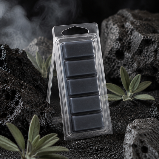 Volcanic Sand and Sage five-section Snapbar wax melt in a clear hinged container on black basalt